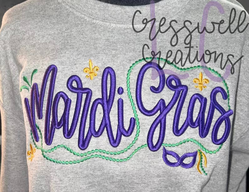 Embroidered 3D Mardi Gras crewneck