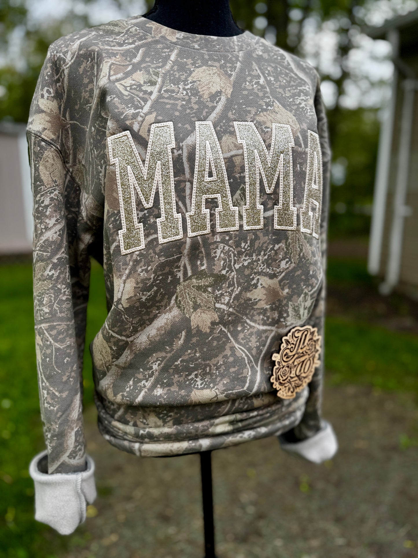 Embroidered mama camo crewneck