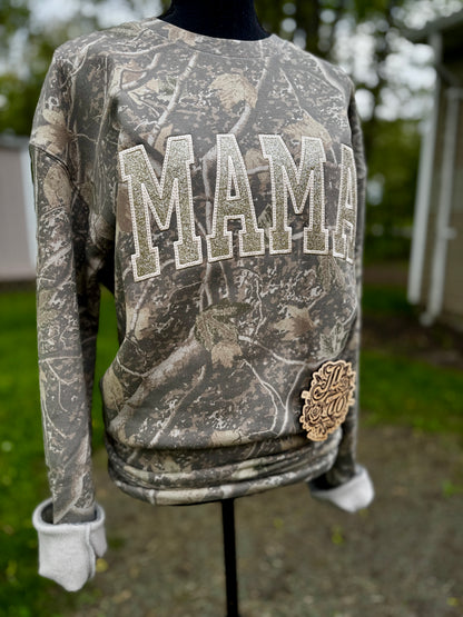 Embroidered mama camo crewneck