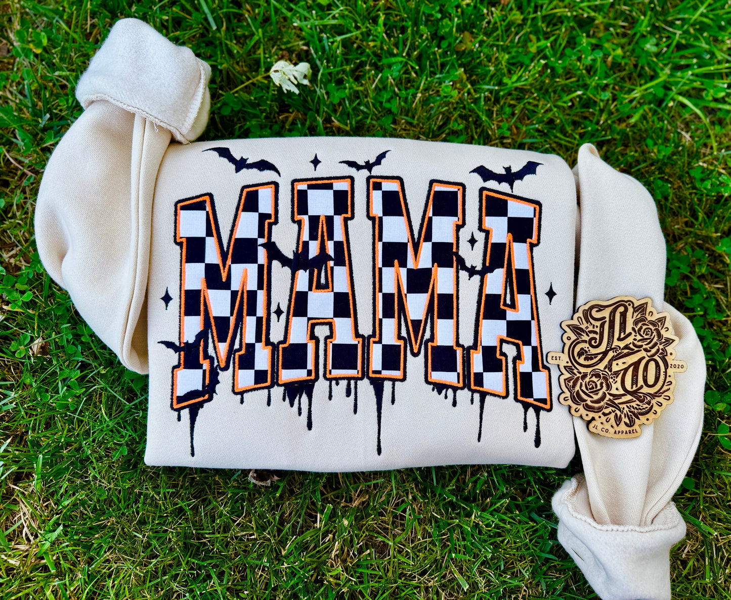 Embroidered checkered batty mama crewneck