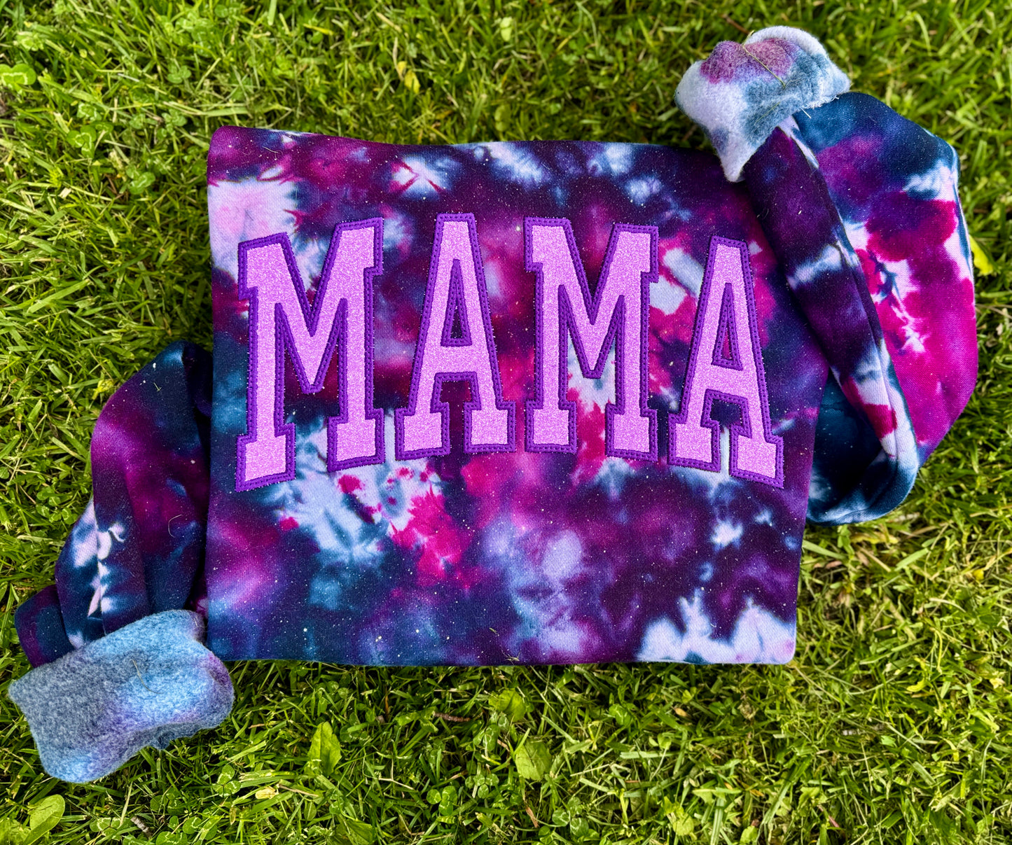Embroidered tie dye glitter mama crewneck
