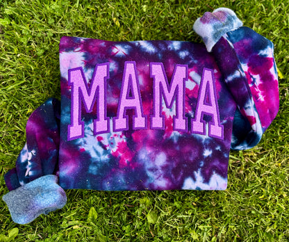 Embroidered tie dye glitter mama crewneck
