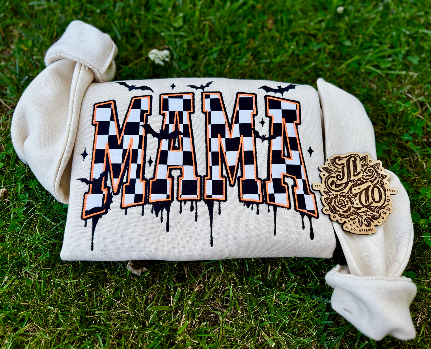 Embroidered checkered batty mama crewneck