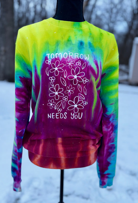 Embroidered tie-dye tomorrow needs you crewneck