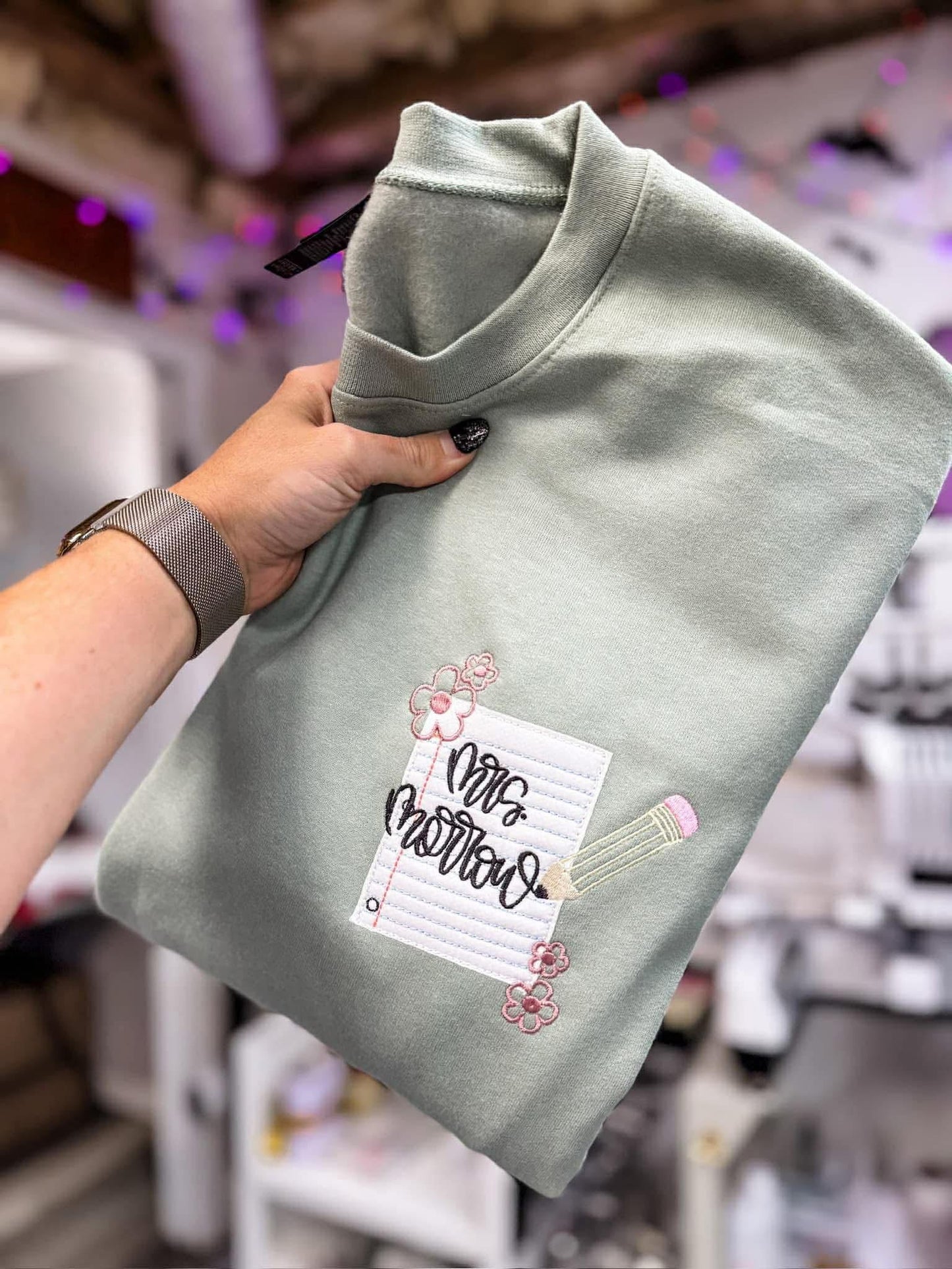 Embroidered teacher crewneck