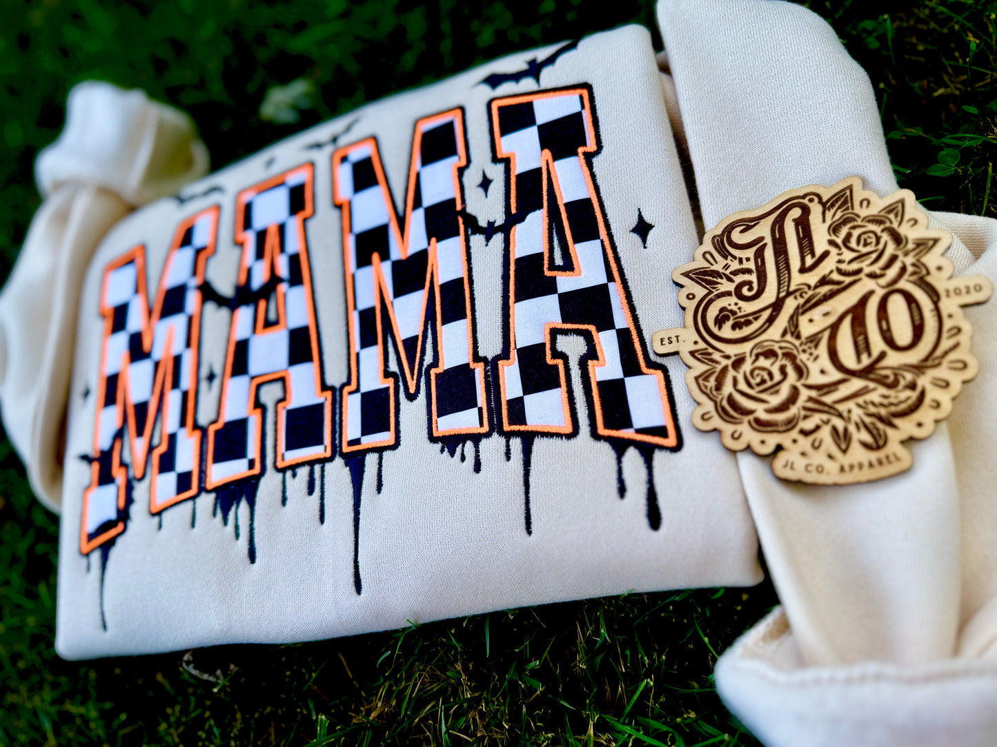 Embroidered checkered batty mama crewneck