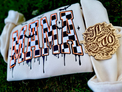 Embroidered checkered batty mama crewneck