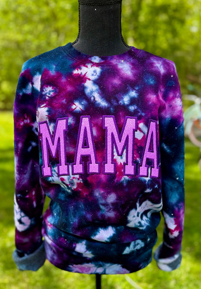 Embroidered tie dye glitter mama crewneck