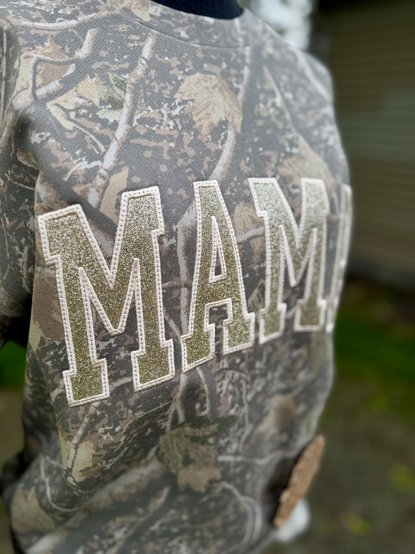 Embroidered mama camo crewneck