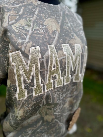 Embroidered mama camo crewneck