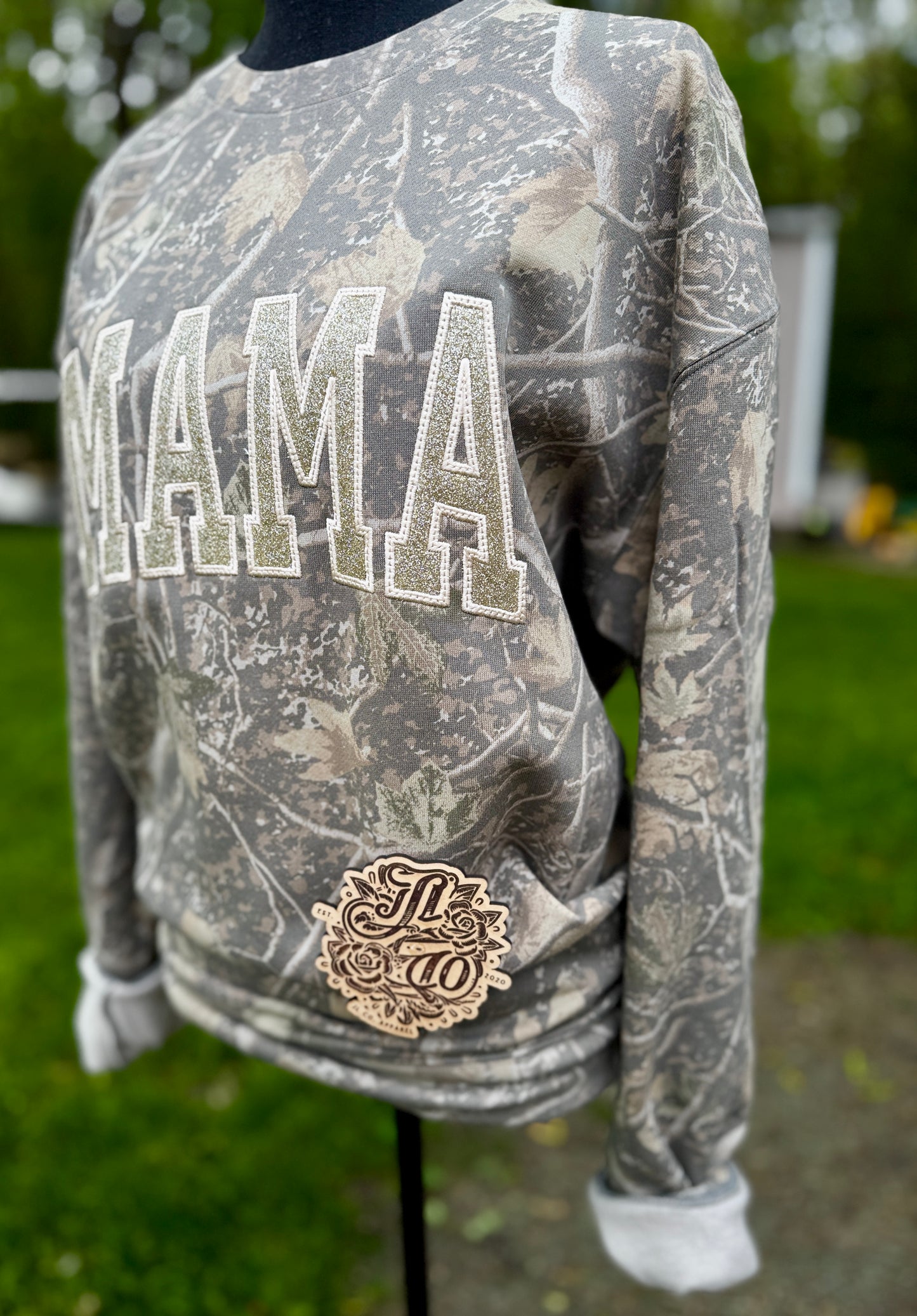 Embroidered mama camo crewneck
