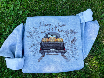 Embroidered Grey Vintage Halloween Truck Crewneck