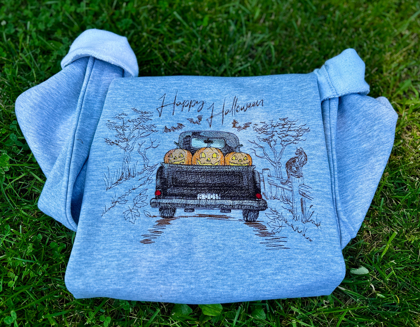 Embroidered Grey Vintage Halloween Truck Crewneck