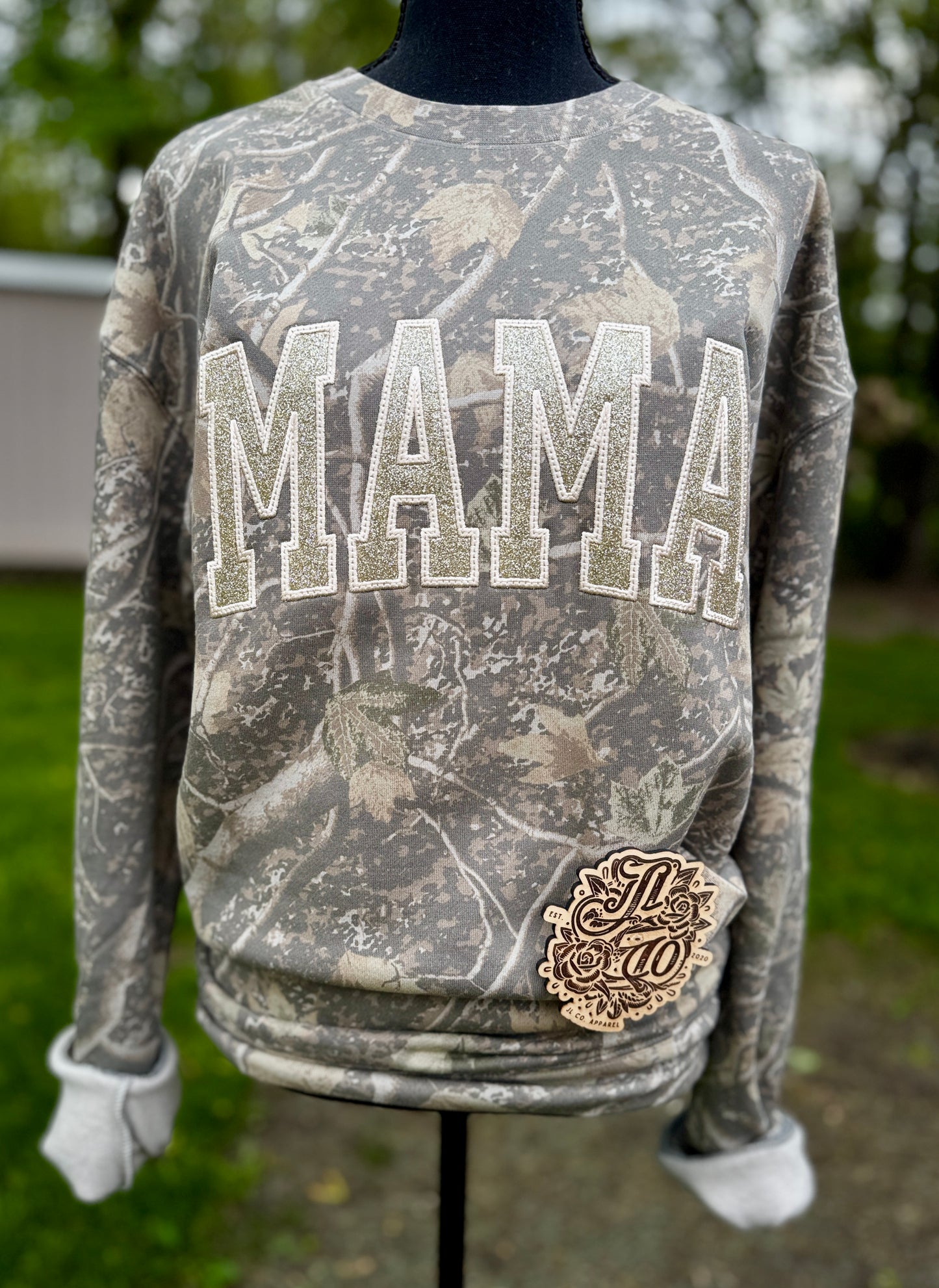 Embroidered mama camo crewneck