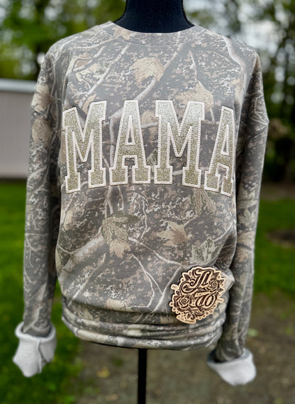 Embroidered mama camo crewneck