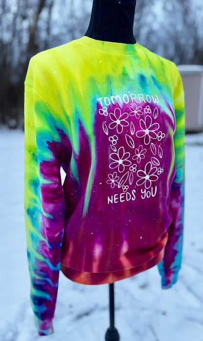 Embroidered tie-dye tomorrow needs you crewneck