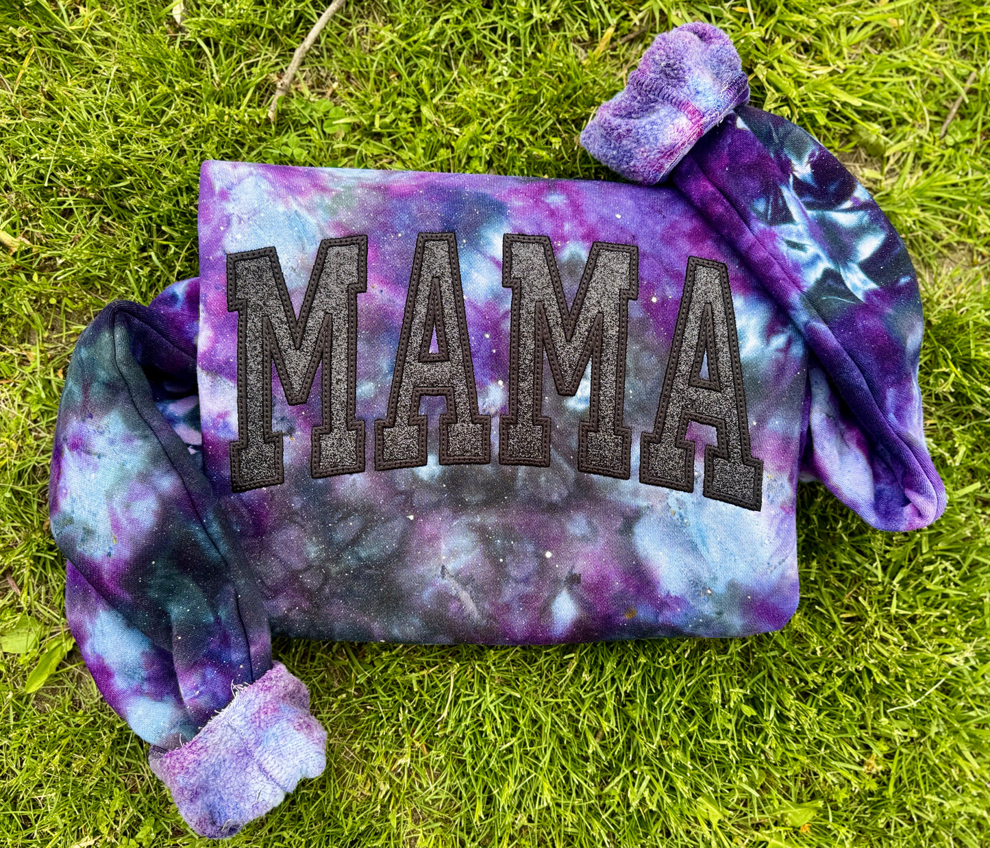 Embroidered tie dye glitter mama crewneck
