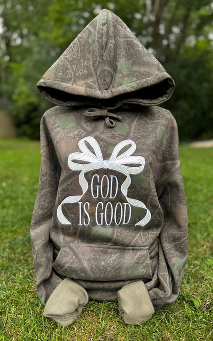 Embroidered god is good glitter bow hoodie