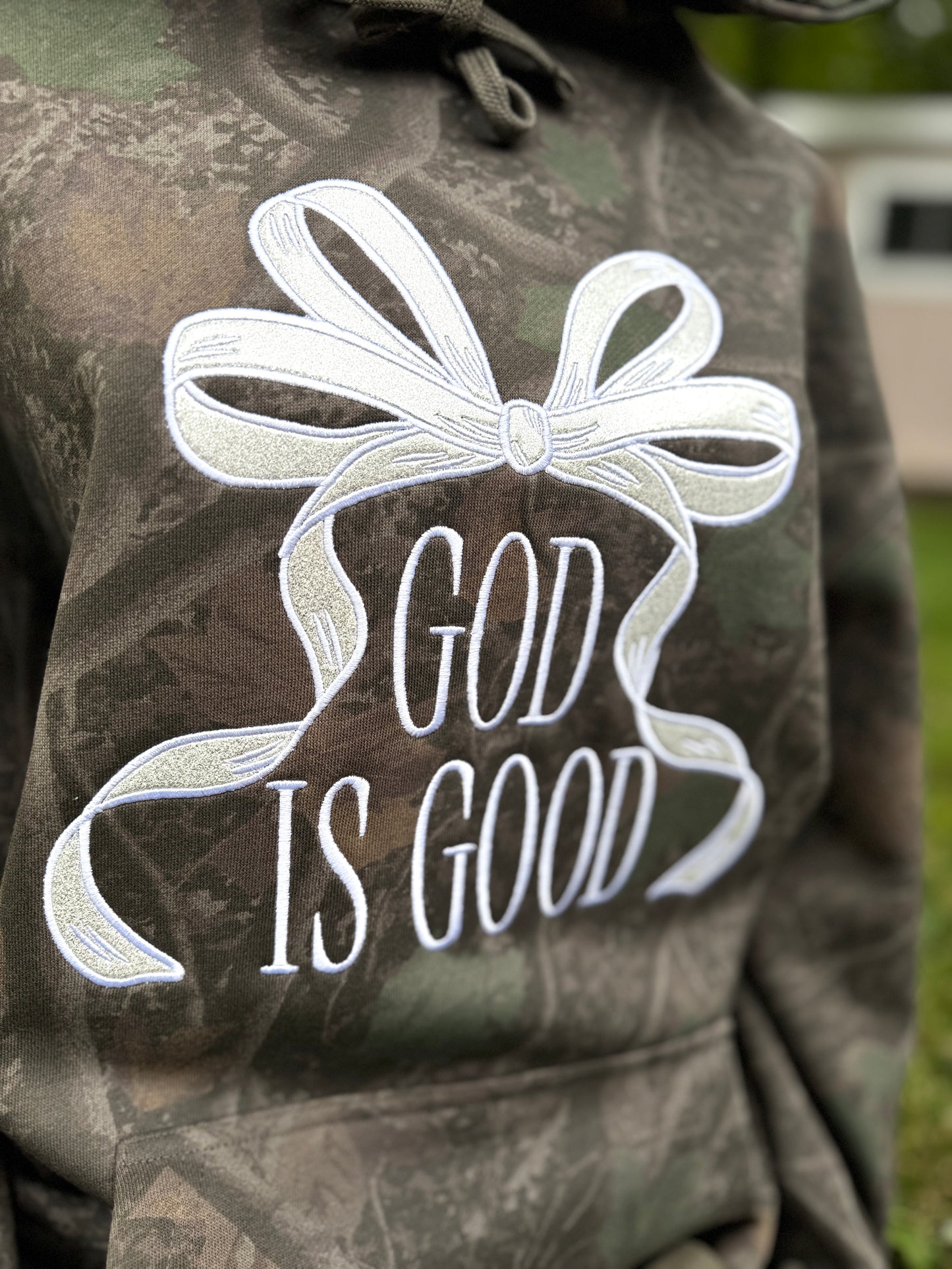 Embroidered god is good glitter bow hoodie