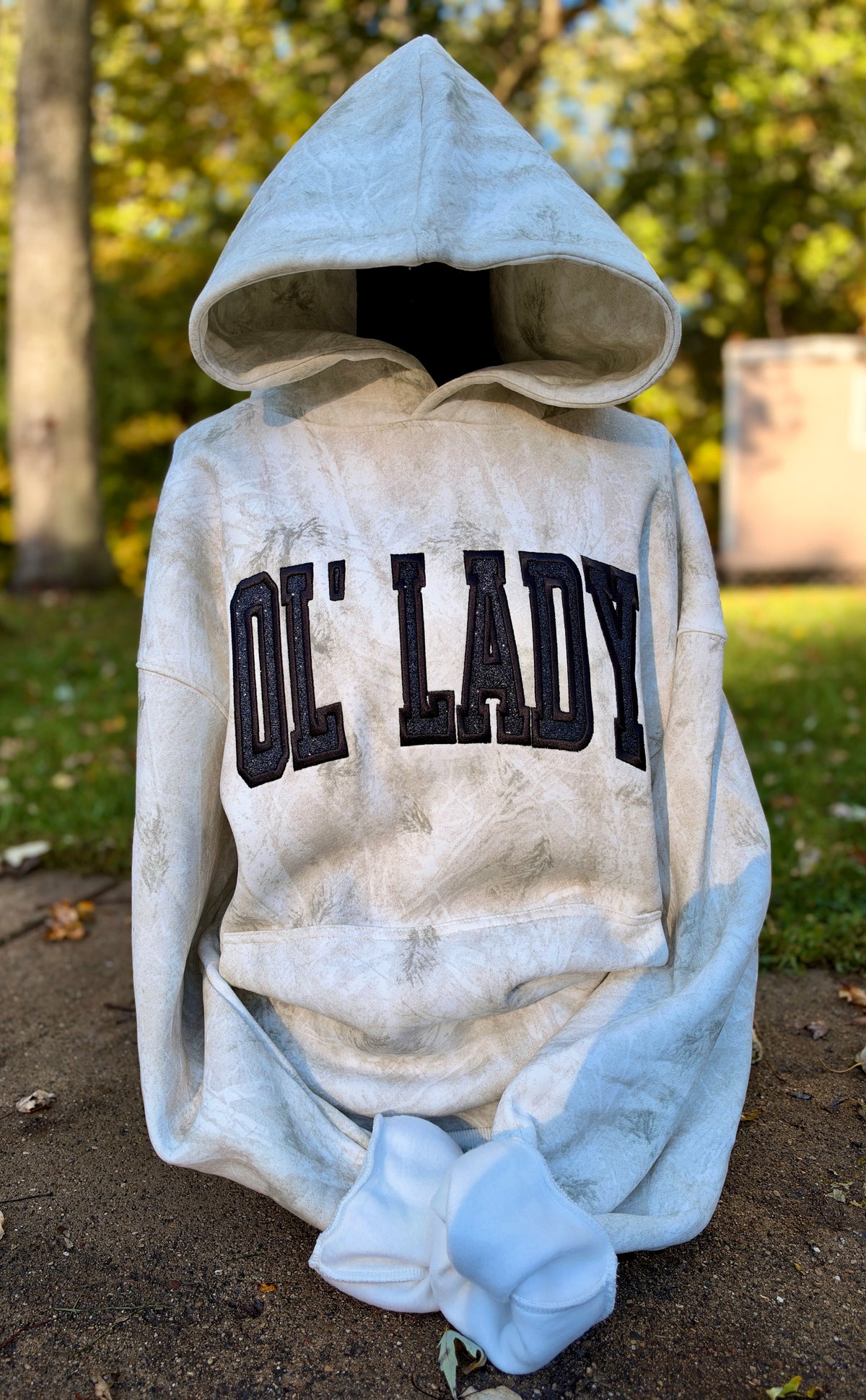 Embroidered Ol’Lady camo hoodie- SIZE DOWN