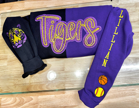 Embroidered mascot split crewneck