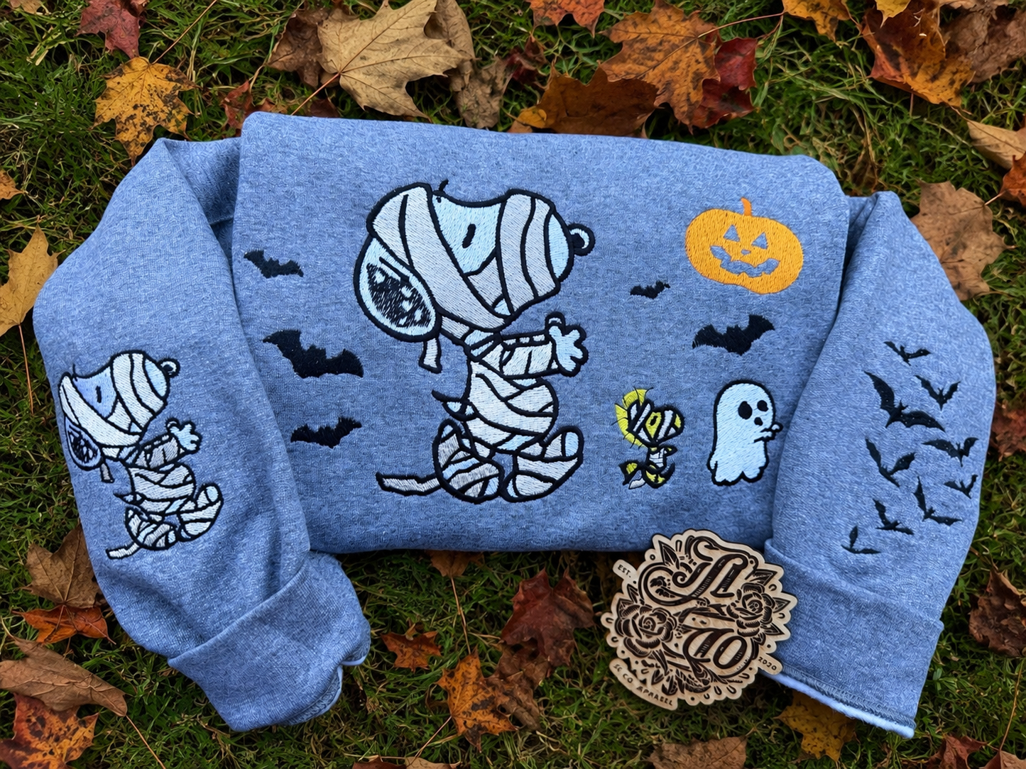 Embroidered mummy dog crewneck (grey pictured)