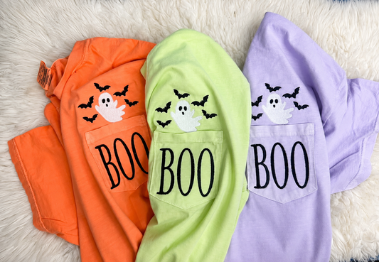 Embroidered BOO pocket tee *Pocket stitched shut*