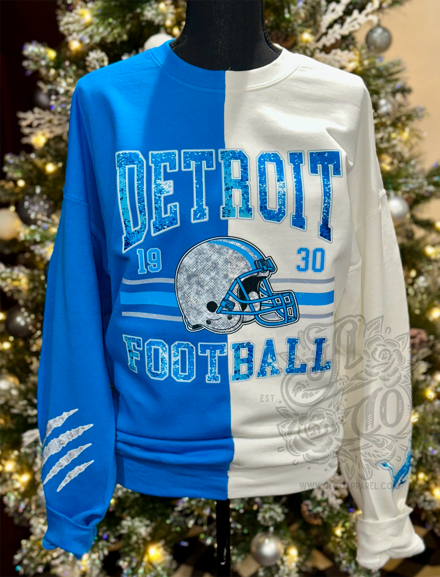White&Blue Split Crewneck-Faux Sequin