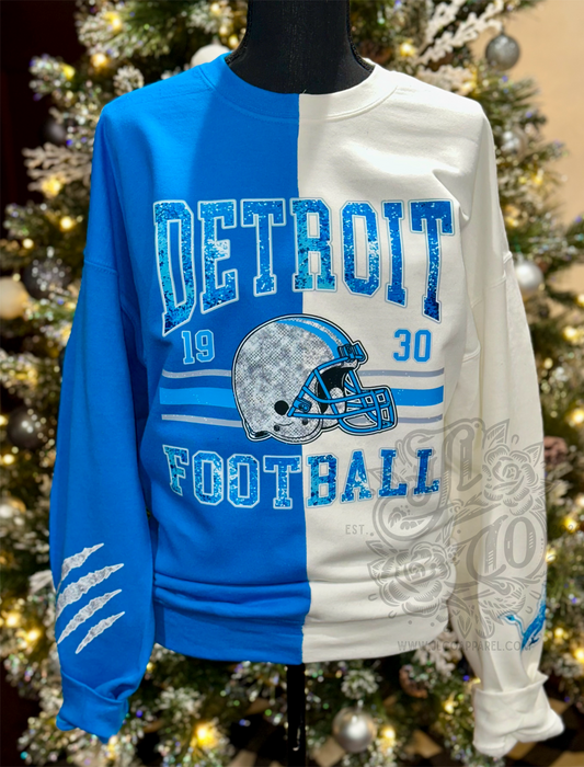 White&Blue Split Crewneck-Faux Sequin